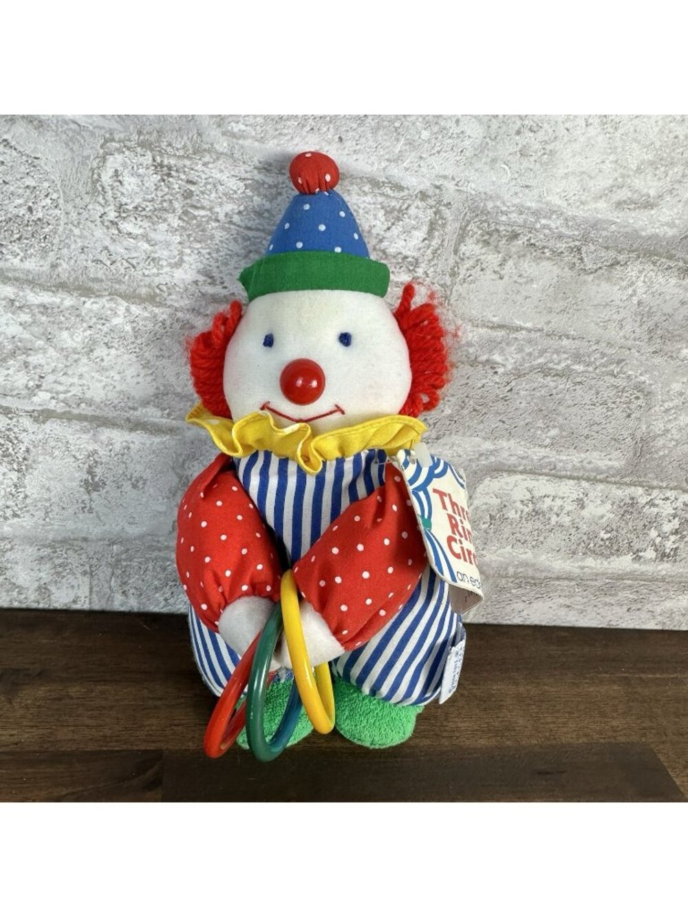 Vintage 1990s Circus Eden Toys Plush Clown Rattle Rings Baby Toy 8.5" 4457
